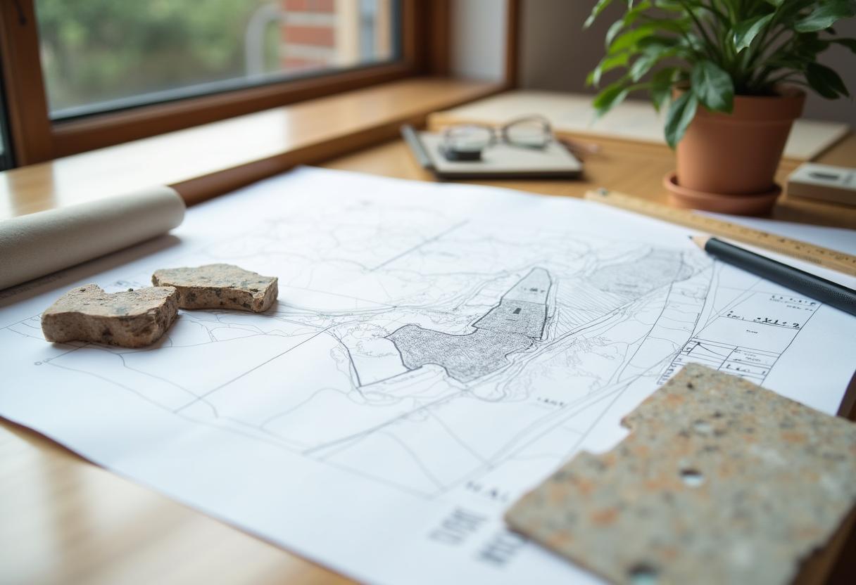 Architect workspace with hand sketches, scale ruler, and material samples