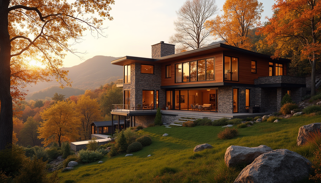 Modern custom home on a wooded Hudson Valley hillside at golden hour