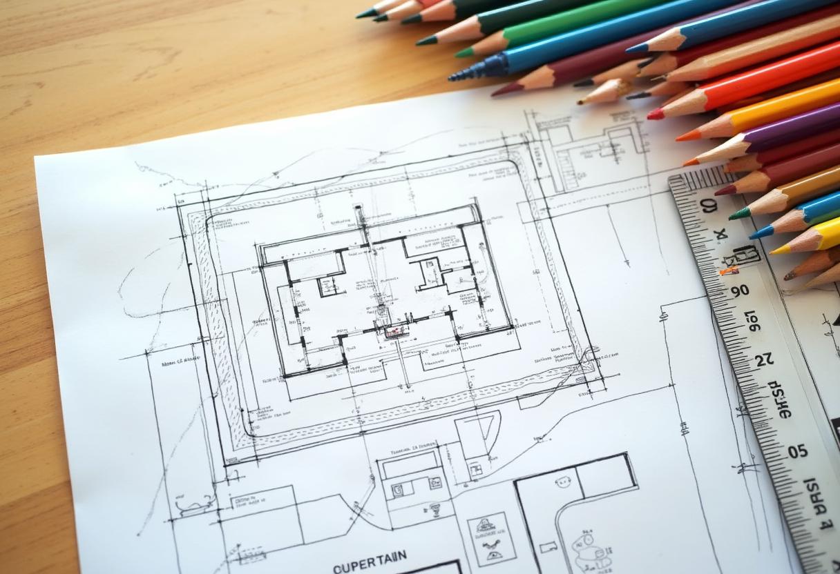 Property survey drawing, zoning setback diagram, and scale ruler on a desk