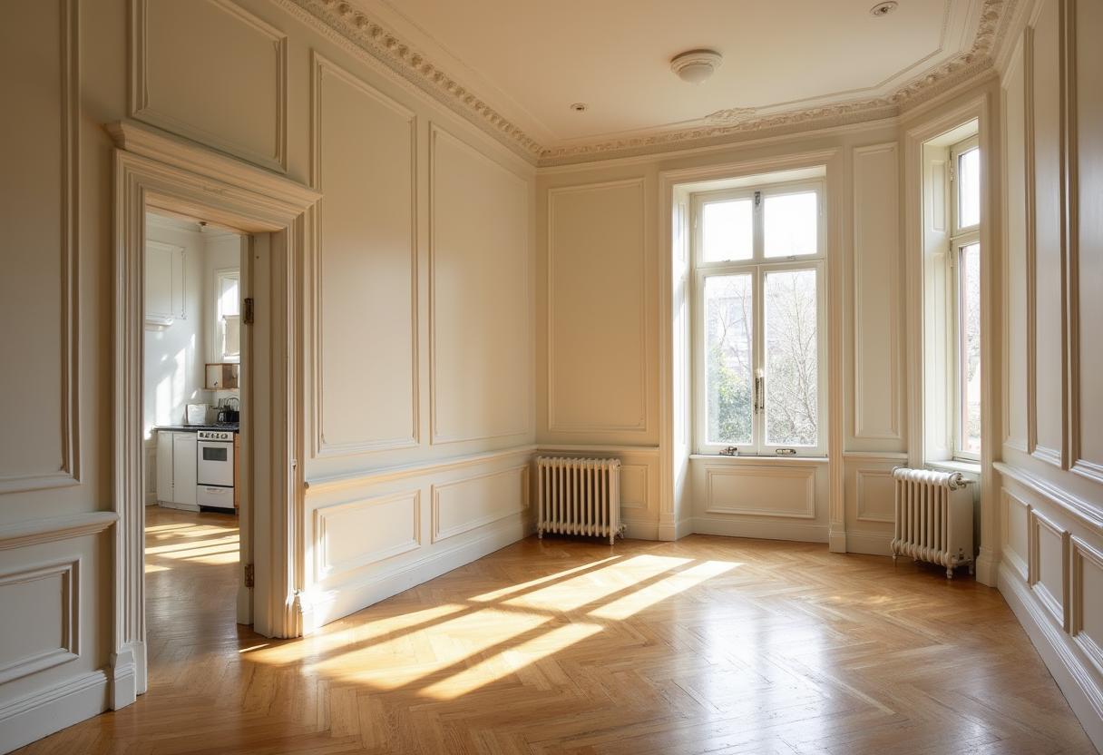 Gut-renovated townhouse parlor with restored moldings and a modern open kitchen