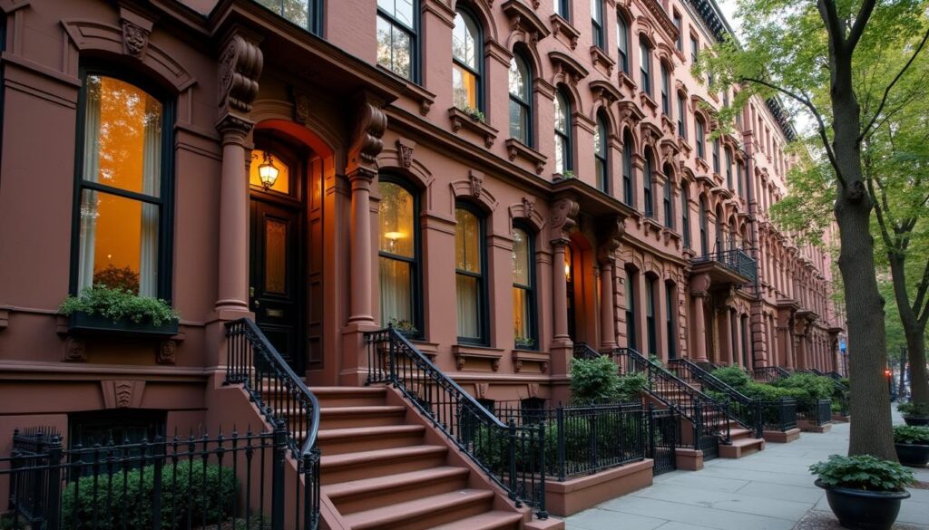Restored NYC brownstone townhouse facade on a tree-lined block at early evening